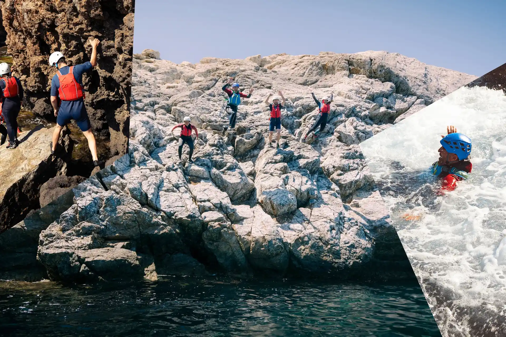 Group of adventurers cliff jumping during a coasteering experience in Ibiza