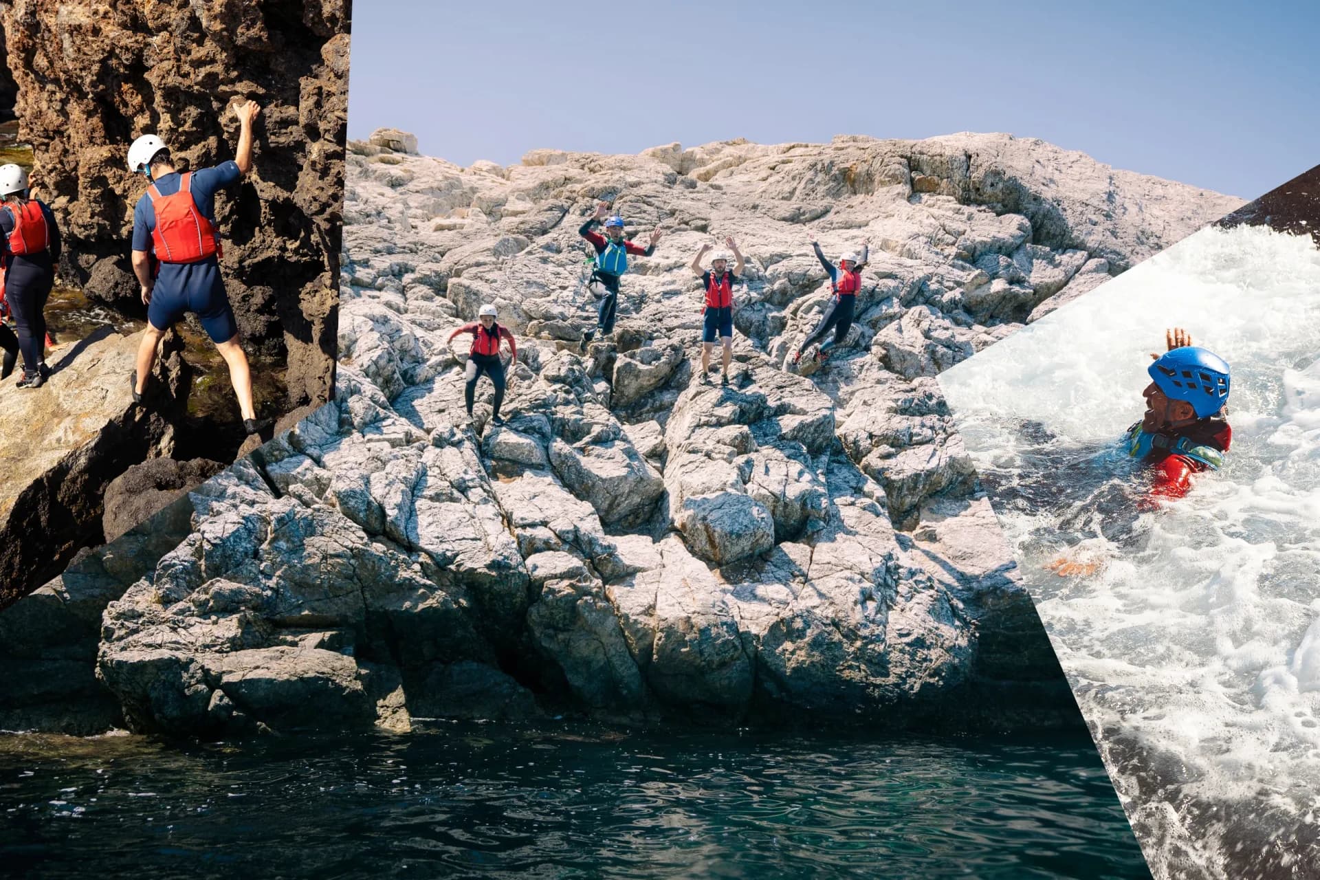 collage de tres imágenes de personas haciendo coasteering